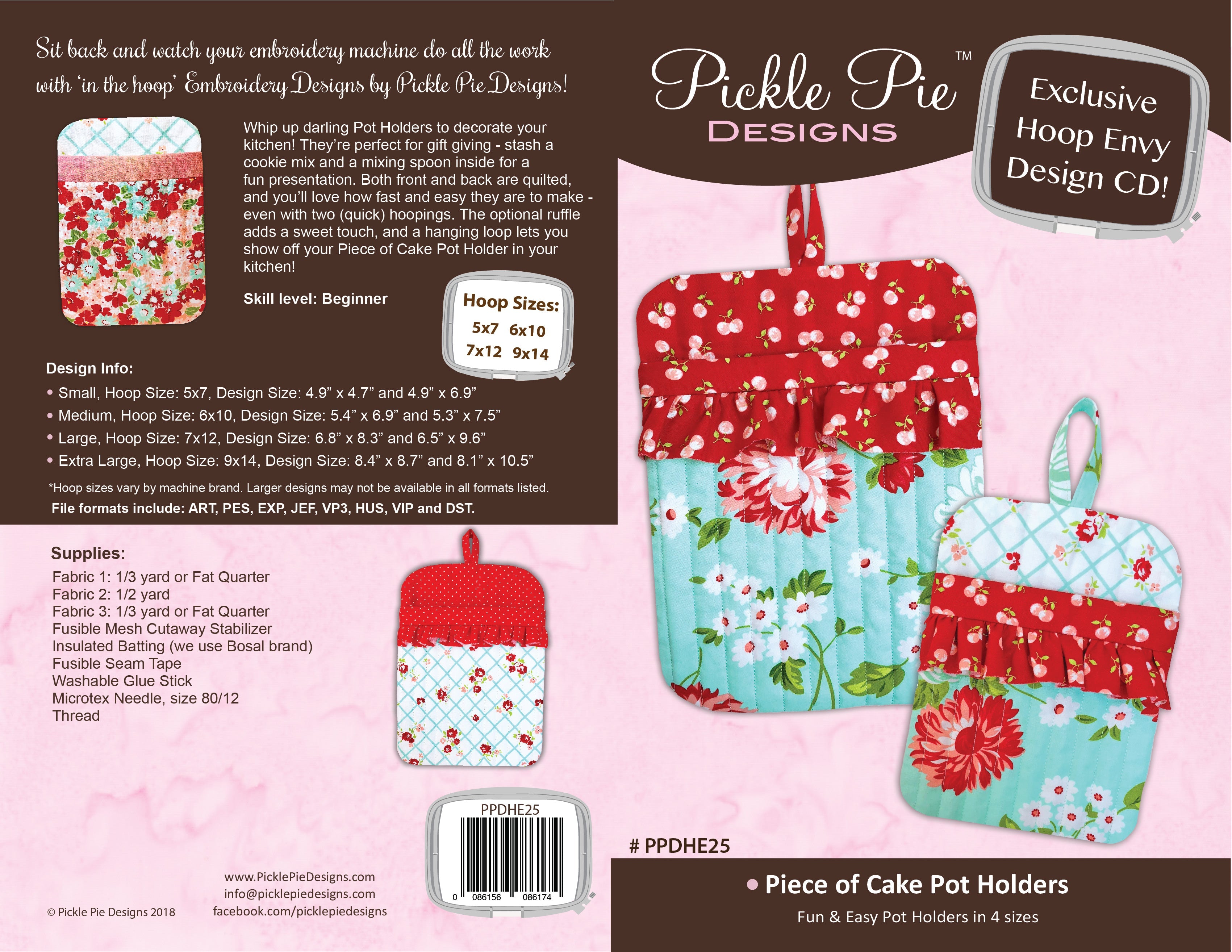 Piece of Cake Pot Holders In the Hoop Embroidery Design Collection