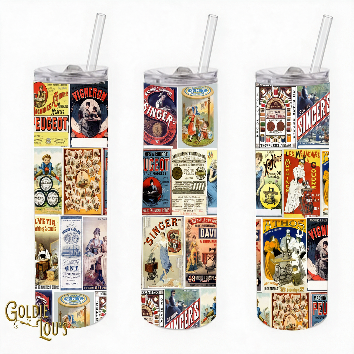 Old Sewing Labels Skinny Tumbler