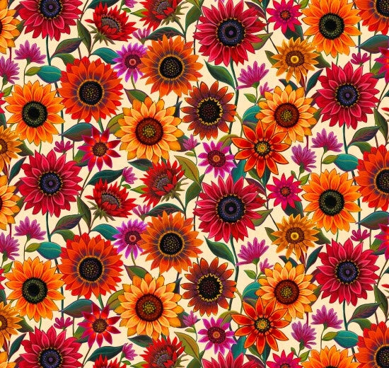 The Love of Sunflowers Cream Cotton 43"/44" Fabric Per Yard