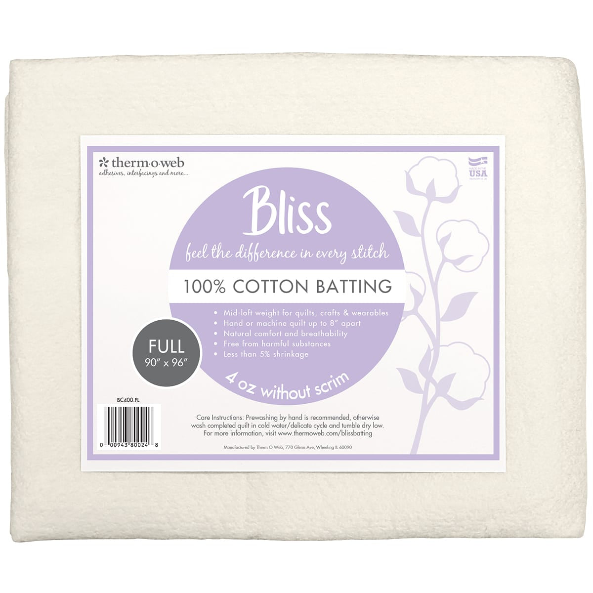 Bliss 100% Cotton Batting - Full 90" x 96"