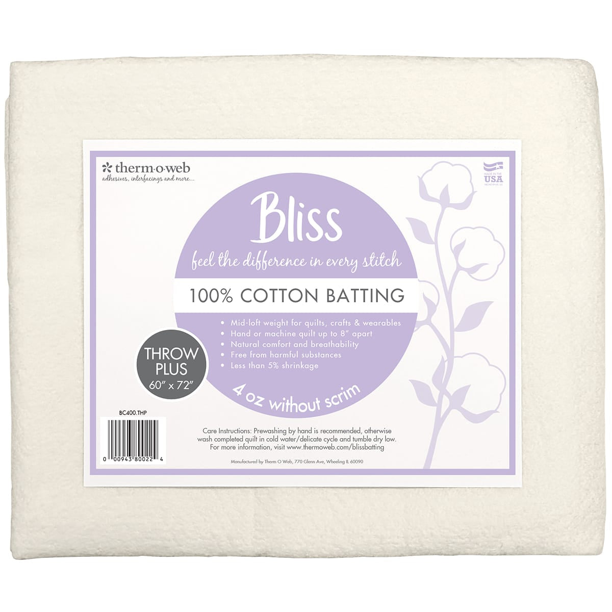 Bliss 100% Cotton Batting - Throw Plus 60" x 72"
