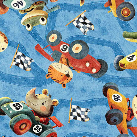 Turbo Tykes Animal Racecar Toss Blue novelty quilting fabric by Quilting Treasures