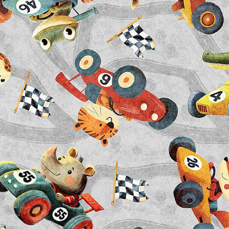 Turbo Tykes Animal Racecar Toss Gray novelty quilting fabric by Quilting Treasures