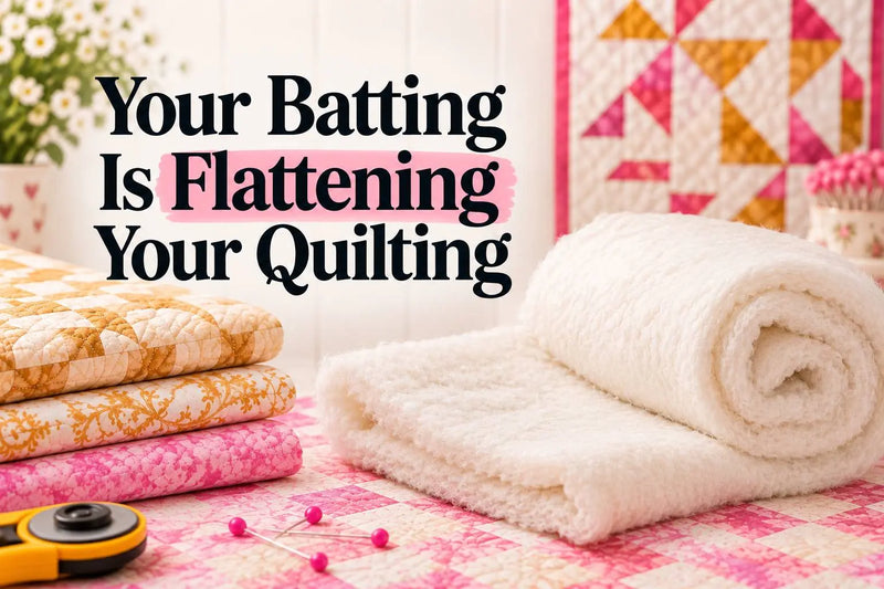 Bright quilting workspace with folded peach, cream, and pink patterned fabric beside a thick roll of white quilt batting