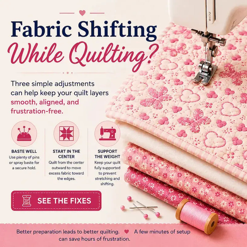 Fabric Shifting While Quilting? Try These Simple Fixes – Morning with Corey tip graphic: setup adjustments for smoother quilting