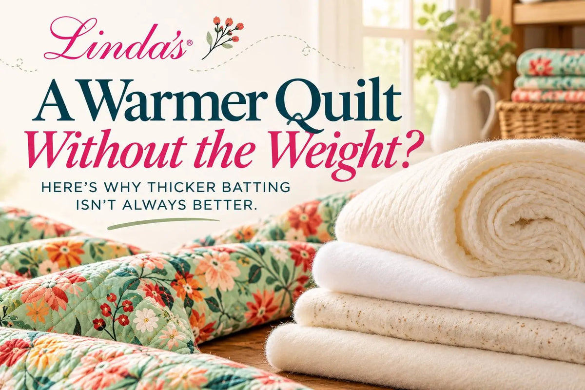 Wide promotional image with folded cream batting stacked on the right and floral patchwork quilts in green, coral, orange, and cream across the foregr...