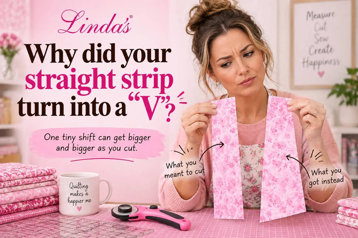 Quilter at a craft table holding two pink patterned fabric strips and looking puzzled at a strip that opened into a V shape after rotary cutting
