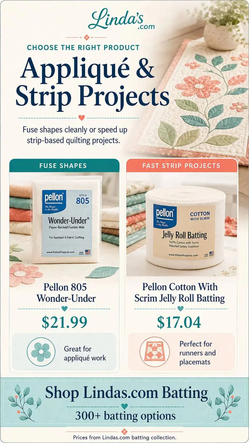 Choose the Right Batting: Appliqué and Strip Projects – Morning with Corey tip graphic: flat backgrounds for appliqué and forgiving loft for strips