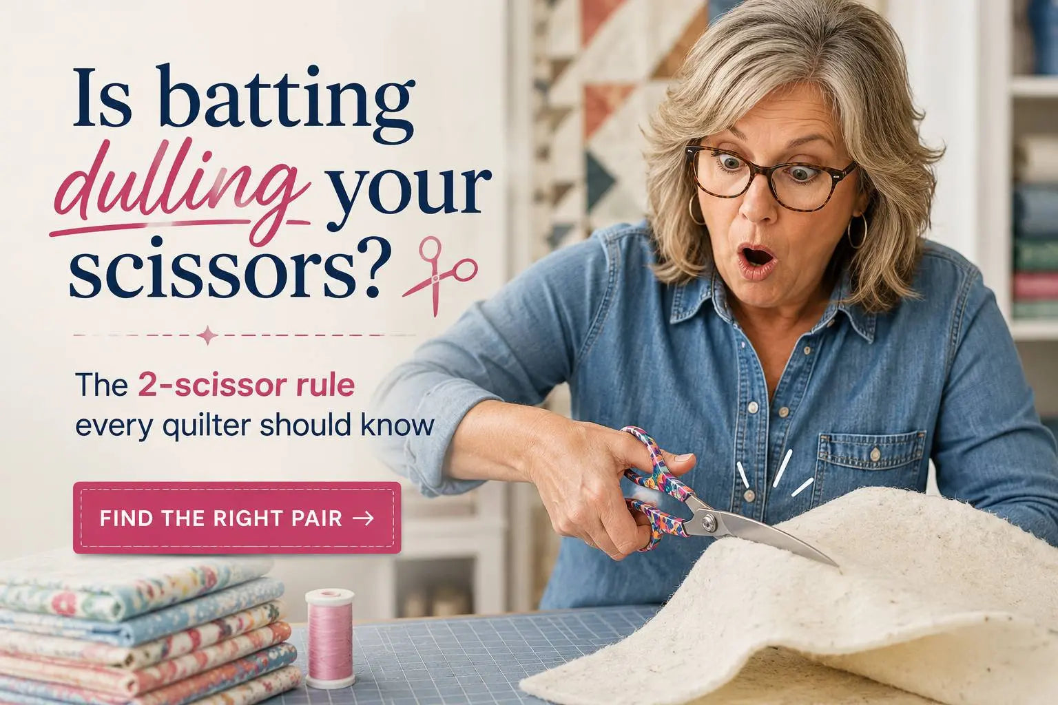 Quilter in glasses and a denim shirt reacting in surprise while cutting quilt batting with colorful-handled scissors