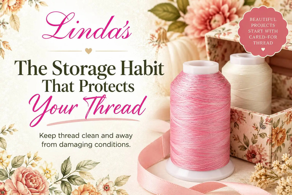 Two upright thread spools, one pink and one ivory, on a cream floral background with pink script — Linda's Morning with Corey guide to storing quilting thread properly