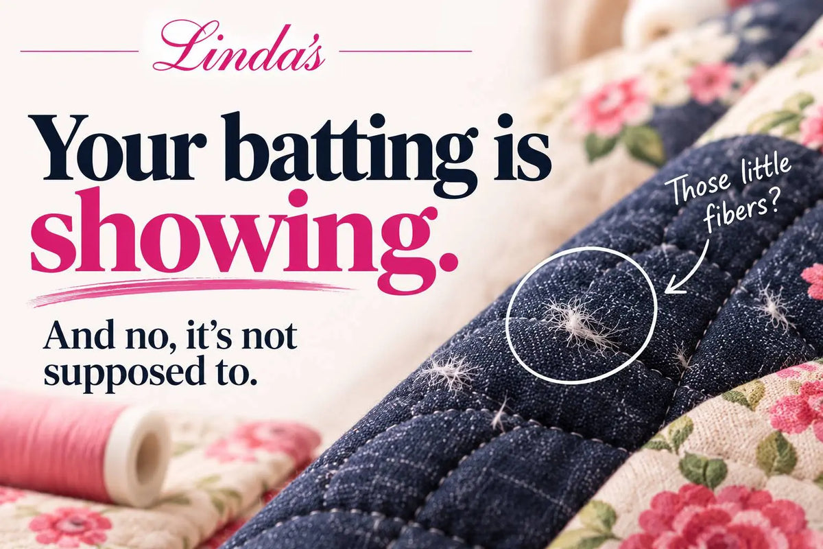 Close-up of a quilted top with tiny white batting fibers bearding through the fabric, circled, with the text 'Your batting is showing. And no, it's not supposed to.'