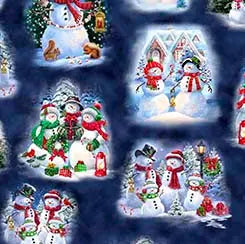 QT Fabrics Snowman Holiday Snowman Vignettes in Navy, Christmas snowman quilting cotton at Linda's Electric Quilters