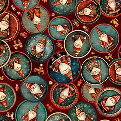 QT Fabrics Santa's Workshop Elves print in brick red quilting cotton