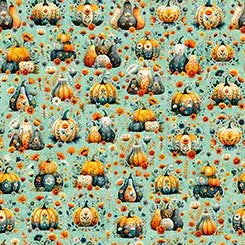 QT Fabrics Harvest Hollow pumpkin patch print in dusty aqua quilting cotton