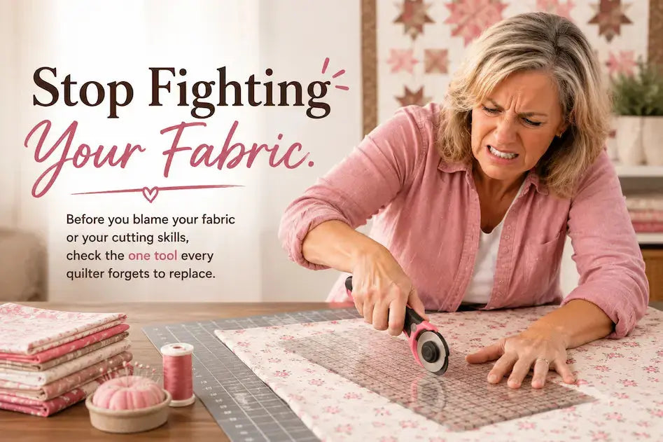 Stop Fighting Your Fabric – Morning with Corey tip graphic: how a dull rotary blade makes every cut a struggle