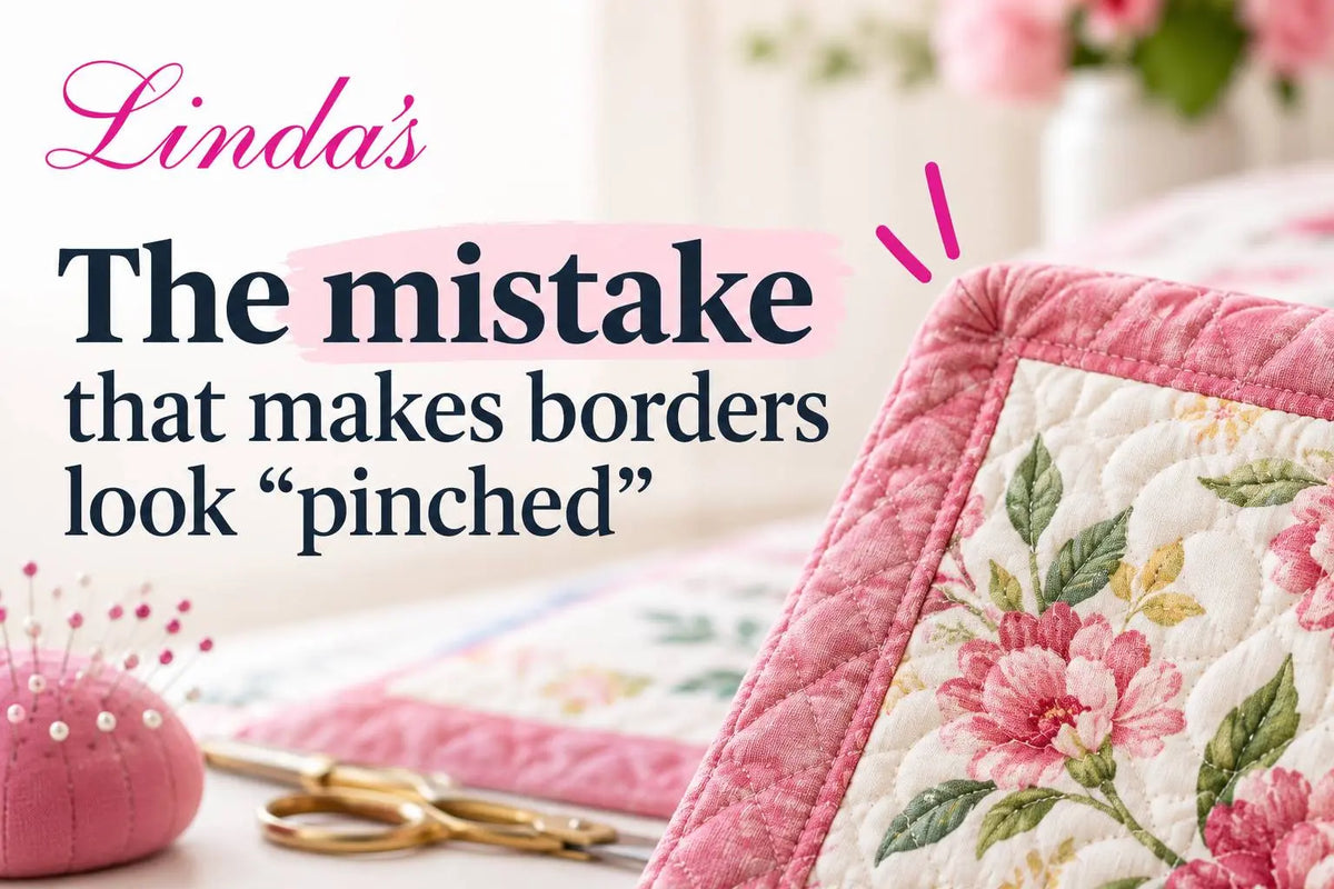 Close-up of a pink quilted floral fabric border with gold-handled scissors, a pink pincushion, and sewing supplies, illustrating a quilt border pinched by too much tension