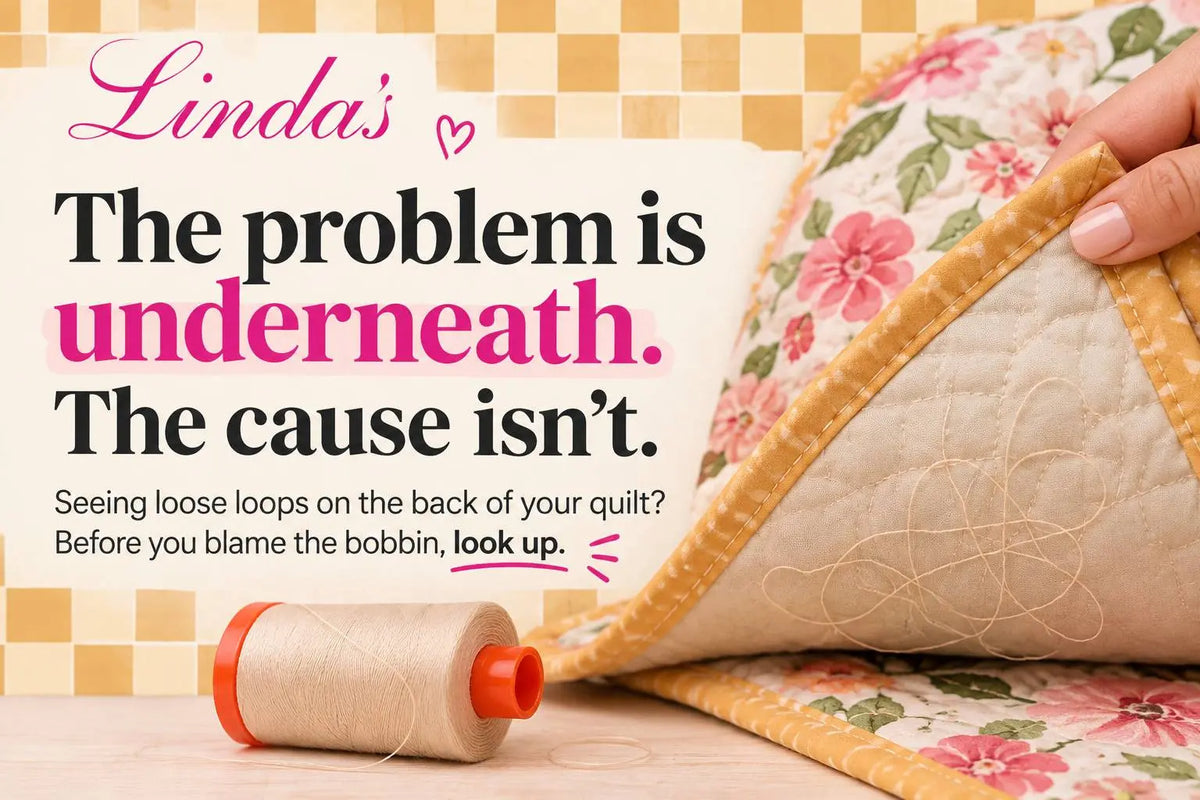 Spool of beige quilting thread with an orange core on a wooden table beside a quilted fabric — troubleshooting loops on the underside of a quilt