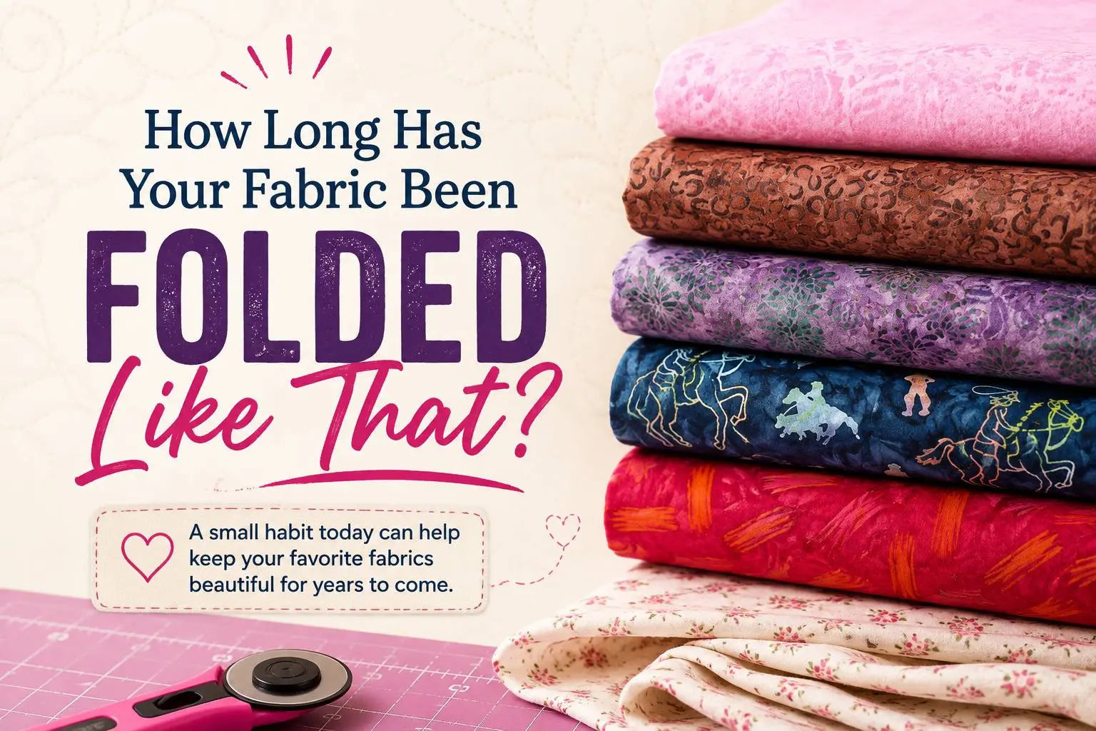 How long has your fabric been folded? — a stack of folded quilting fabrics in pink, brown, purple, and blue, Morning with Corey at Linda's Quilt Shop