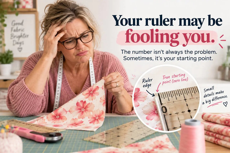 Quilter in glasses and a pink sweater holding floral fabric and a measuring tape beside a cutting mat and quilting ruler