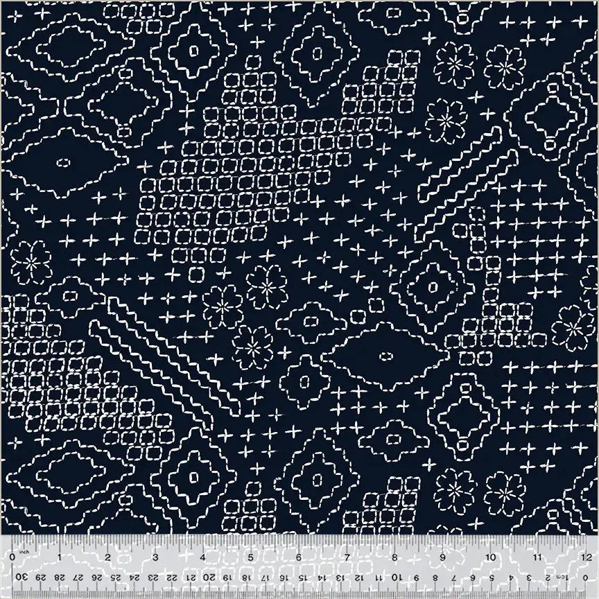 Blue indigo sashiko sampler wideback cotton fabric