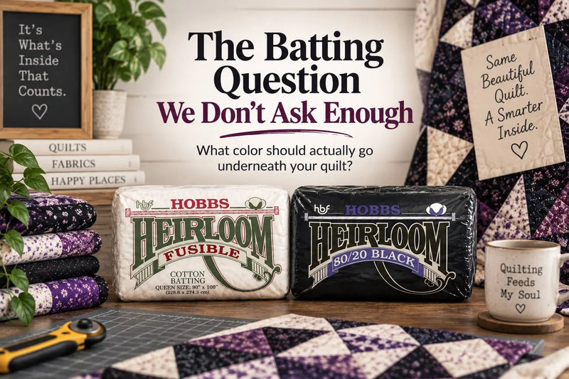Hobbs Heirloom Fusible cotton batting package beside a Hobbs Heirloom 80/20 Black batting package on a cutting mat, surrounded by dark purple, cream, and black quilt fabrics