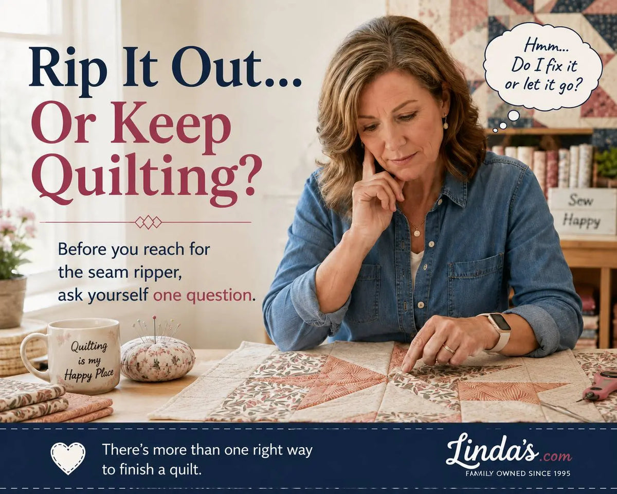 What Would YOU Do Here? – Morning with Corey tip graphic: when to rip out a seam vs keep quilting, and the 6-foot test