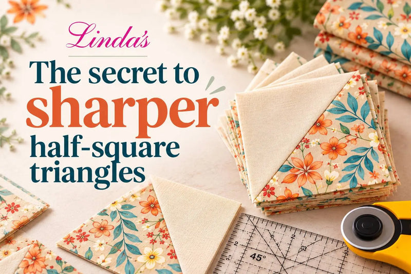 A warm, brightly lit overhead view shows stacks of cream fabric squares with orange flowers and teal leaves, arranged beside plain cream fabric triang...