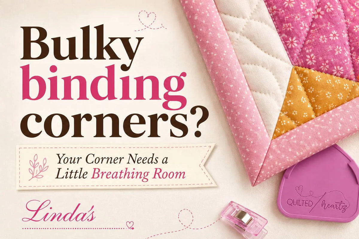 Close-up of a quilted corner with pink, white, and orange floral fabric and neatly mitered binding, with the headline Bulky Binding Corners