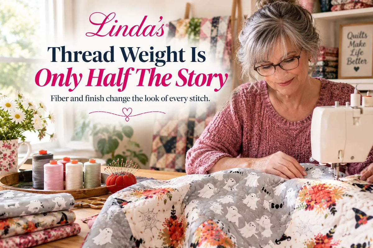 Wide, brightly lit sewing-room scene with a woman in glasses and a pink knit sweater stitching a gray quilt patterned with white ghosts, black bats, a...
