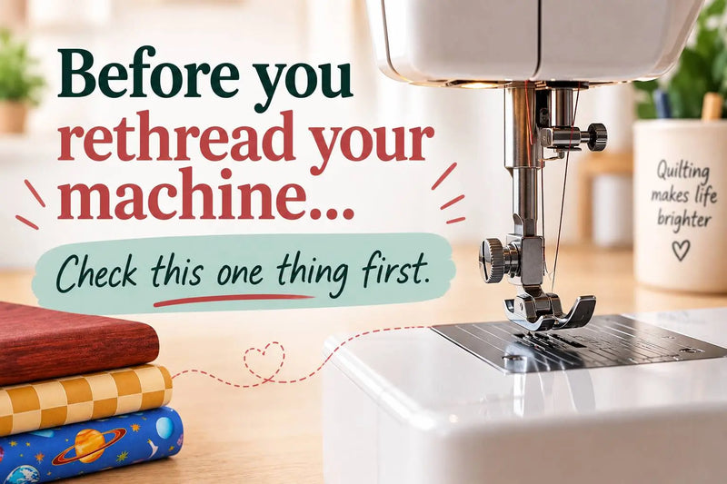 Close-up of a sewing machine on a wooden desk with colorful patterned notebooks and a Quilting mug — getting set up to rethread the machine