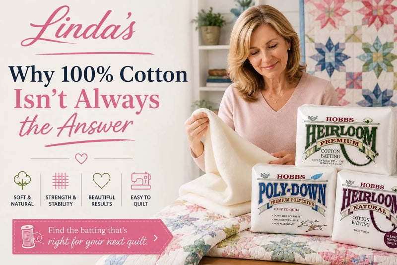 Why 100% cotton isn't always the answer — quilter holding cream batting beside Hobbs Heirloom premium cotton and 80/20 batting packages