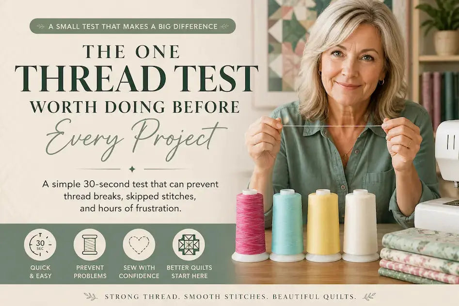 The One Thread Test Worth Doing Before Every Project – Morning with Corey tip graphic: the quick test that prevents skipped stitches and breakage