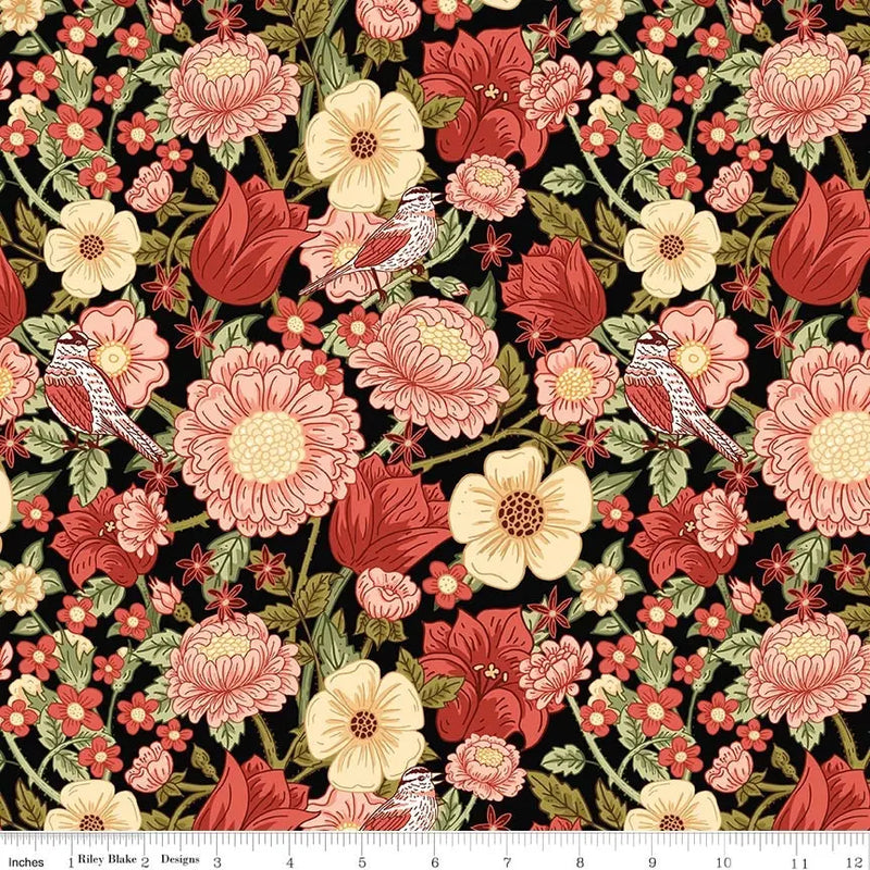 Riley Blake Tangled Garden Main print in black, dramatic floral quilting cotton at Linda's Electric Quilters