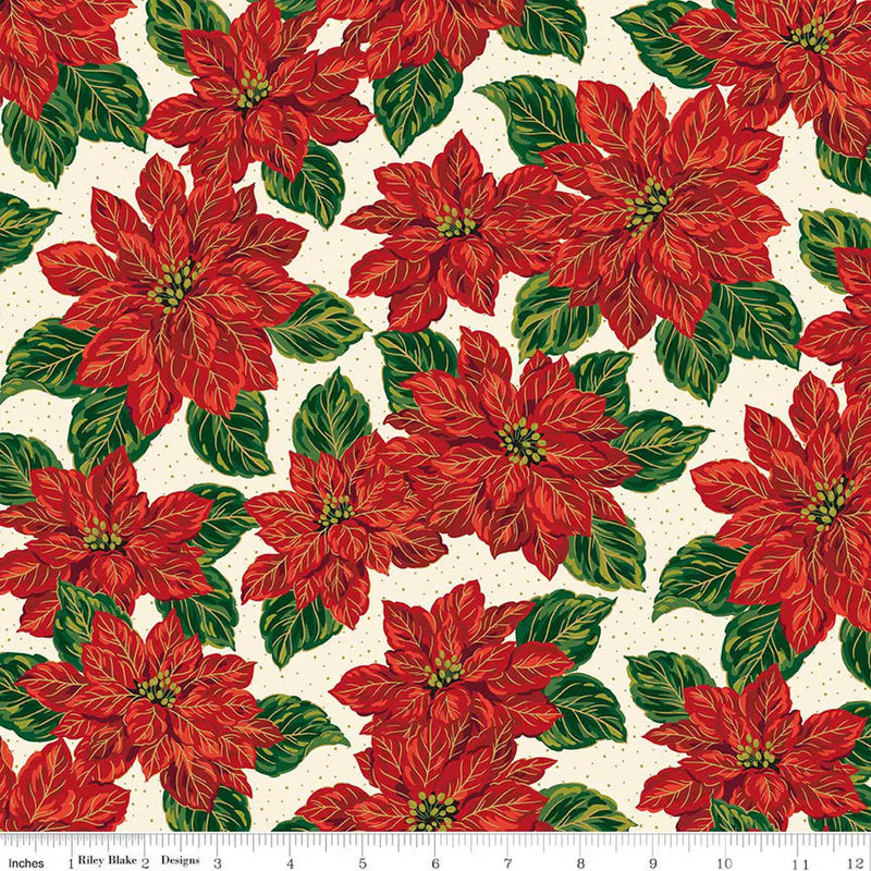 Riley Blake Poinsettias at Christmas main print in cream with gold foil, Christmas quilting cotton at Linda's Electric Quilters