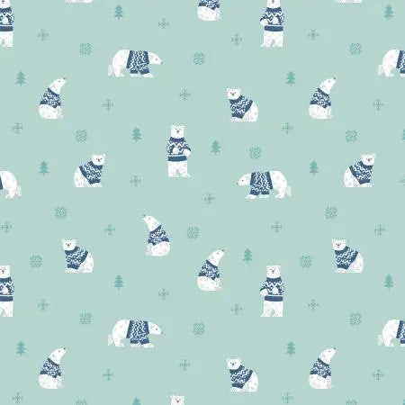Riley Blake Northern Lights flannel Polar Bears Glacier print, winter cotton flannel at Linda's Electric Quilters