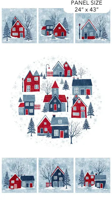 Northcott Village Folk flannel village panel in white multi, Christmas cotton flannel at Linda's Electric Quilters
