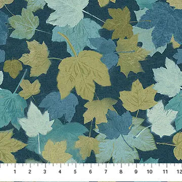 Northcott Imprint flannel DK Blue Multi Maple leaf print, cotton quilting flannel at Linda's Electric Quilters