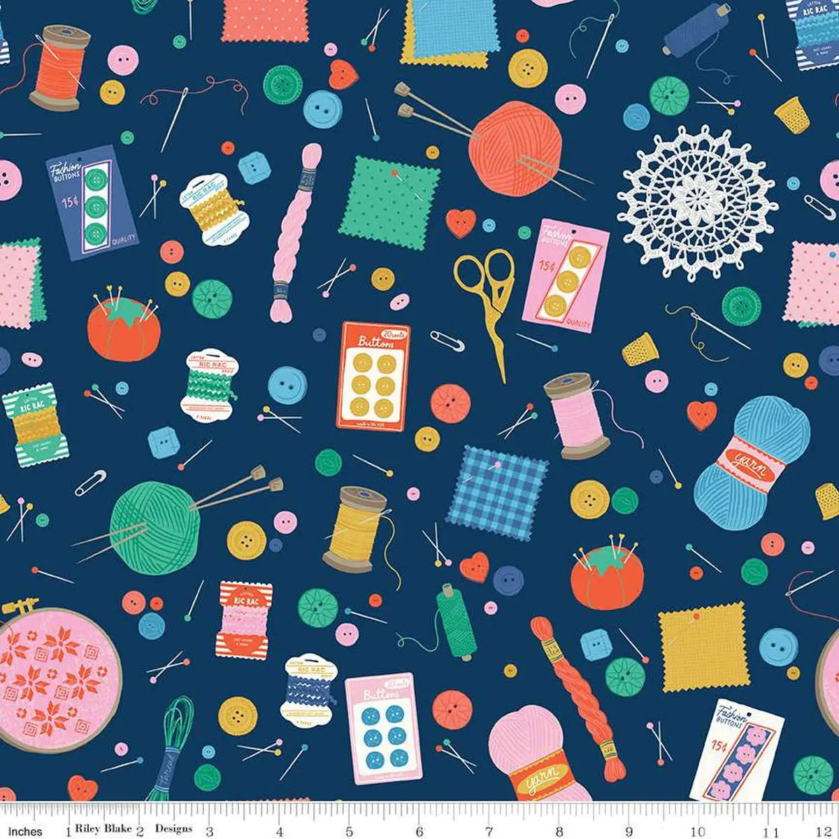 How to Sew with a Notions Print: Using Hand Made Navy Cotton in Quilts and Sewing-Room Projects
