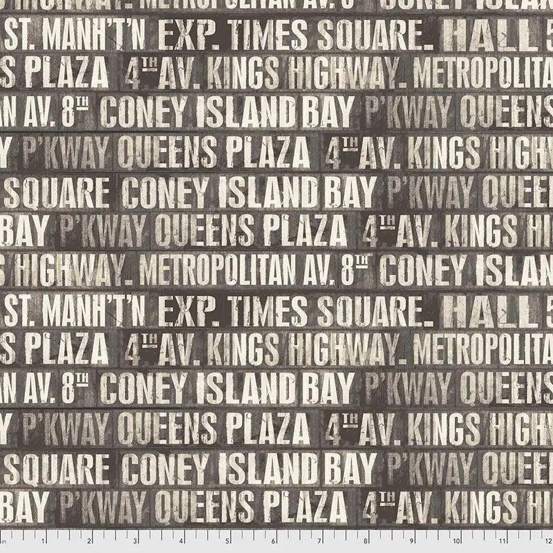 Tim Holtz Eclectic Elements monochrome subway signs print in charcoal quilting cotton