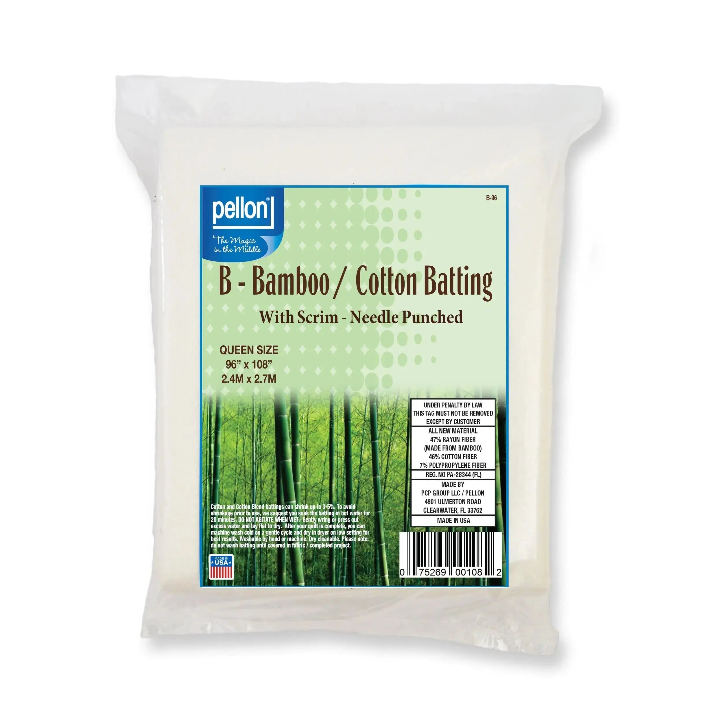 Pellon Bamboo Cotton Batting with Scrim queen size 96 x 108 eco luxury