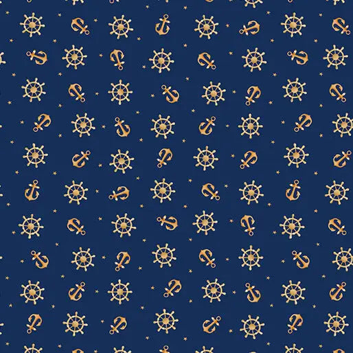 The Fabric Company Sail Away Anchors Away navy quilting cotton at Linda's Electric Quilters
