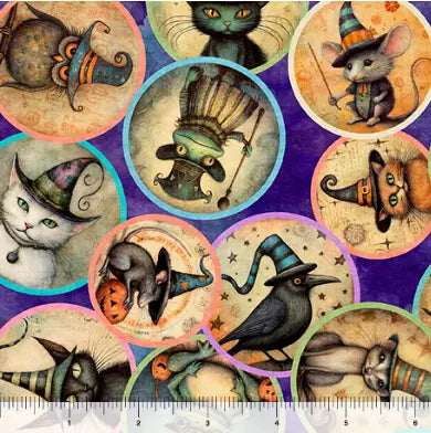 QT Fabrics Witchypoo Animal Witches Medallions in purple quilting cotton