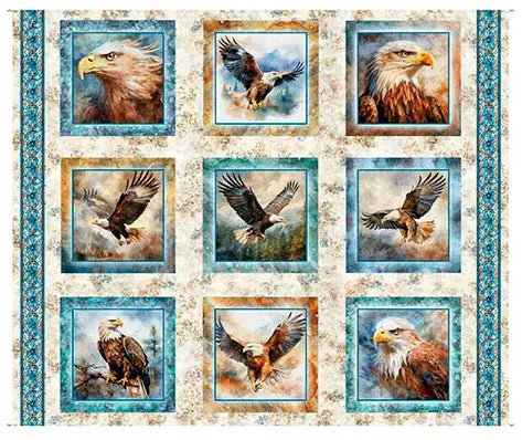 QT Fabrics Skyward eagle picture patches print in oatmeal quilting cotton