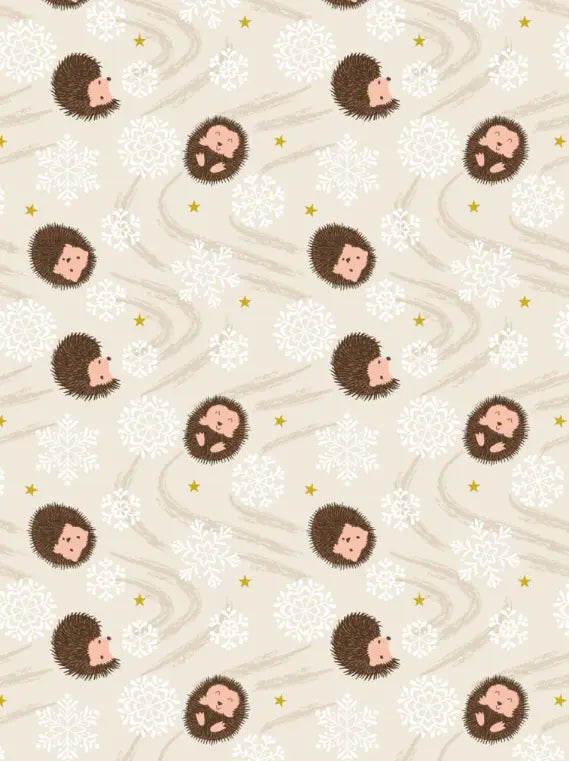 Lewis & Irene Christmas in Bluebell Wood snowflake hedgehog print in cream quilting cotton