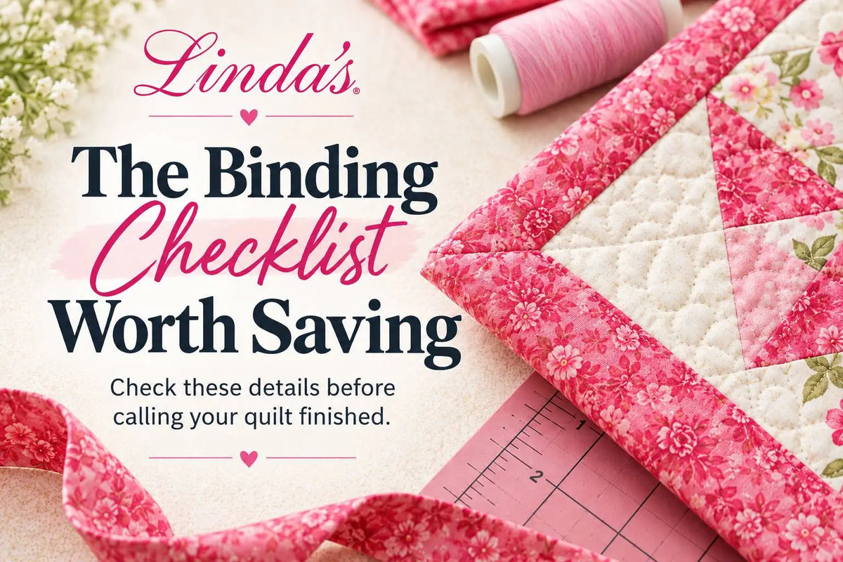 Overhead view of a pink and white floral quilt on a cream sewing table with a pink thread spool, small white flowers, and a pink measuring tape, ready for binding