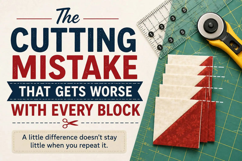 The Cutting Mistake That Gets Worse With Every Block — flat lay with rotary cutter, ruler and quilt fabric from Linda's Quilt Shop Morning with Corey