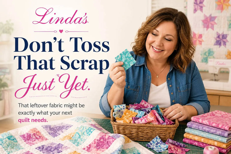 Don't throw away those fabric scraps — quilter holding a teal fabric square beside a basket of colorful quilting scraps, Morning with Corey at Linda's Quilt Shop