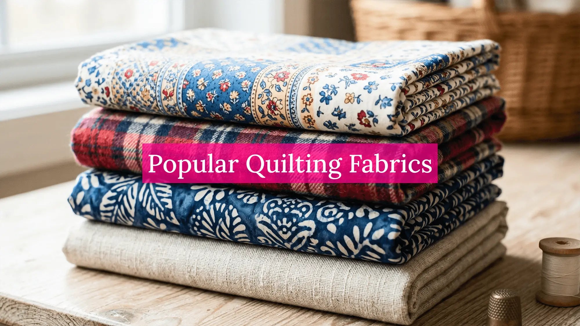 Assorted quilting fabrics including cotton, flannel, batik, and linen blends