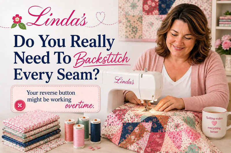 Are you backstitching more than you need to? — a quilter piecing blocks at a sewing machine in front of a patchwork wall, Morning with Corey at Linda's Quilt Shop