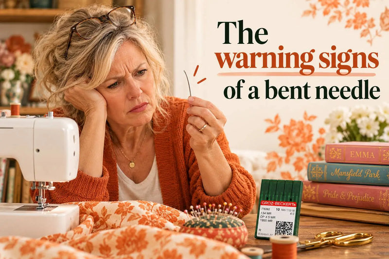 A wide, warmly lit sewing scene shows a blonde woman in an orange knit cardigan holding up a thin, curved needle beside a white sewing machine, with o...